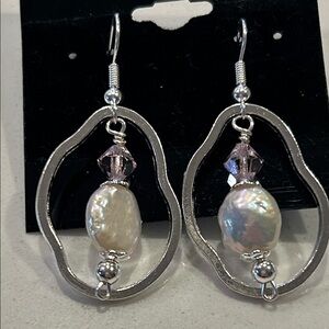 Elegant Fresh Water Pearl Silver color and Pink Crystal Dangle Earrings